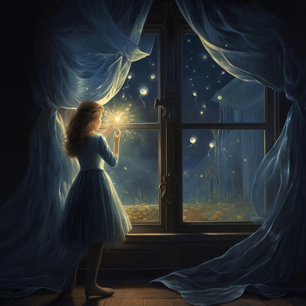 Uma menina olha pela janela à noite Uma cena fabulosa