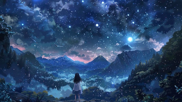 uma menina olhando para as estrelas à noite e céu estrelado voando flocos de neve montanhas e florestas no fundo
