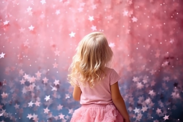 Uma menina olhando para as estrelas em um fundo rosa e azul