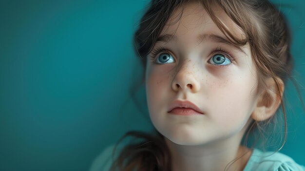 Uma menina olhando para cima com admiração em seus olhos ela está vestindo um vestido azul e tem o cabelo em um rabo de cavalo o fundo é uma cor azul suave
