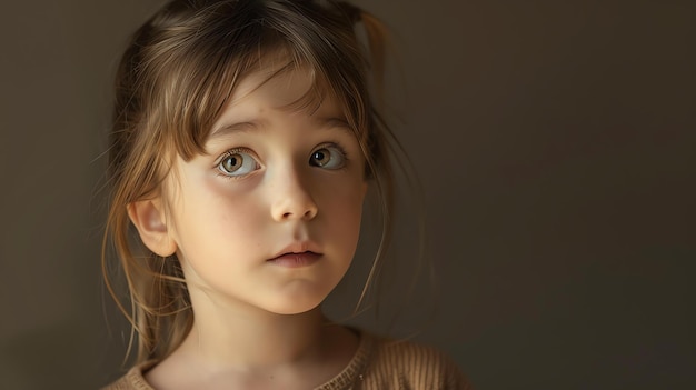 Foto uma menina olhando para longe com uma expressão pensativa em seu rosto ela tem cabelo castanho e olhos verdes e está vestindo uma camisa castanha