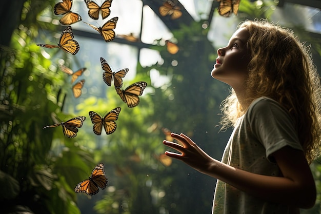 Foto uma menina olhando para um bando de borboletas