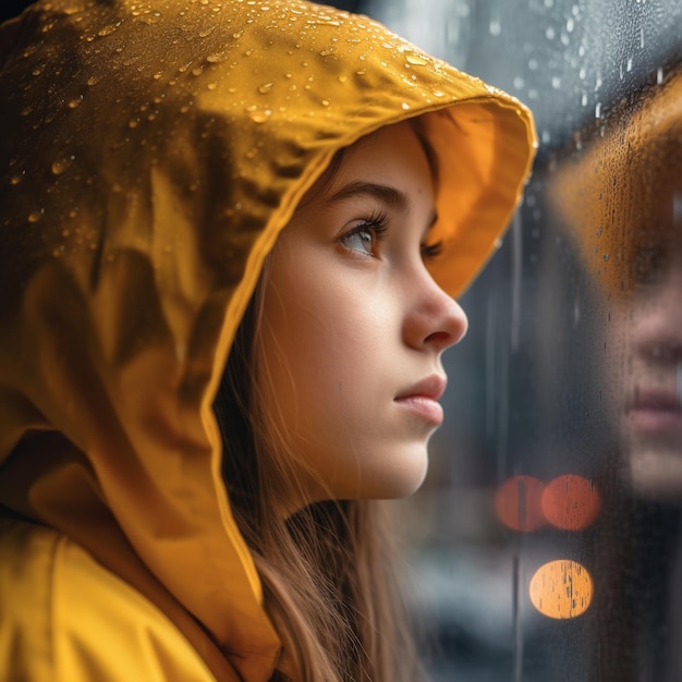 uma menina olhando pela janela com gotas de chuva na cabeça