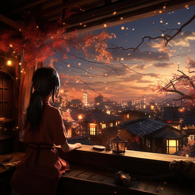 uma menina olhando por uma janela com uma pintura de uma cidade no fundo