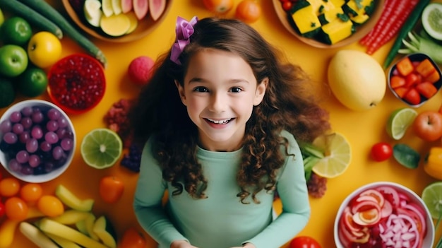 uma menina parada na frente de muitas frutas e legumes