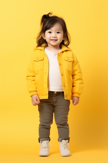 uma menina parada na frente de um fundo amarelo