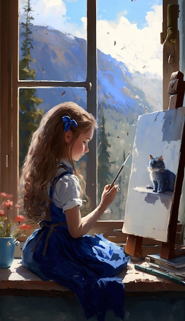 Uma menina pintando um gato em um cavalete