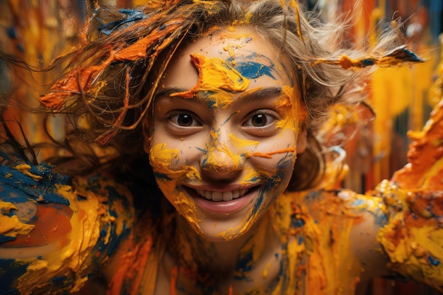 Uma menina pintando uma parede com traços ousados e expressivos as cores da pintura e a determinação em seu rosto criando uma narrativa visual envolvente