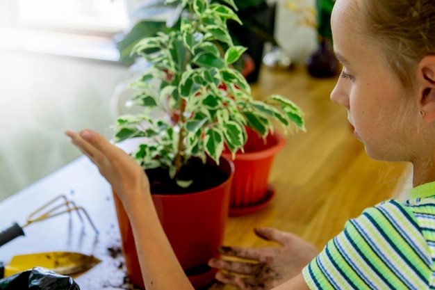 uma menina planta uma planta