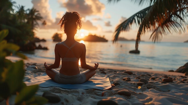 Uma menina praticando ioga ao pôr-do-sol realiza exercícios de Padmasana poses de lótus