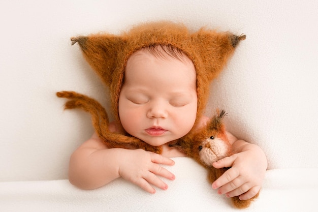Uma menina recém-nascida nos primeiros dias de vida em um gorro de tigre marrom com orelhas fofas Macro retrato de estúdio de uma criança em um fundo branco Vista de cima