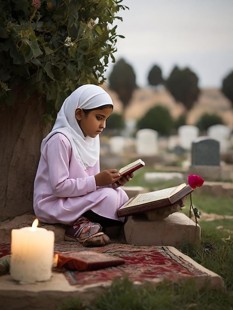 Uma menina recita o Alcorão na frente do túmulo de sua mãe