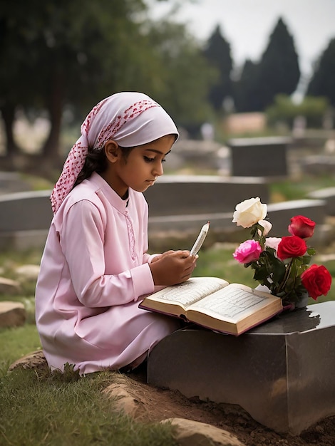 Uma menina recita o Alcorão na frente do túmulo de sua mãe