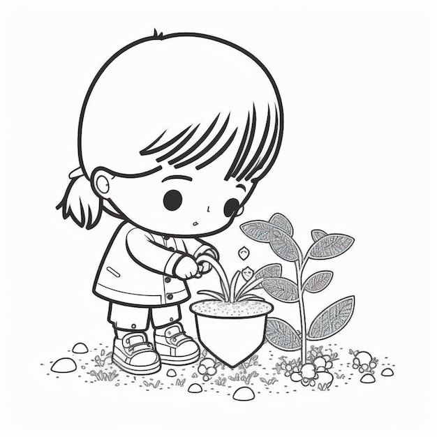 Foto uma menina regando uma planta com uma lata de água