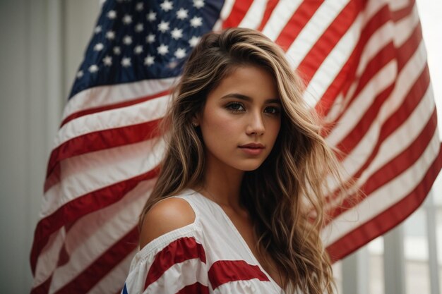 Foto uma menina segurando a bandeira dos eua