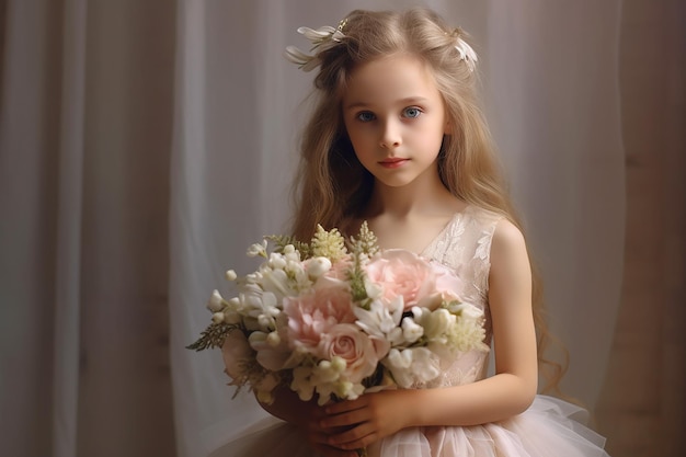 Uma menina segurando um buquê de flores vestida com trajes formais