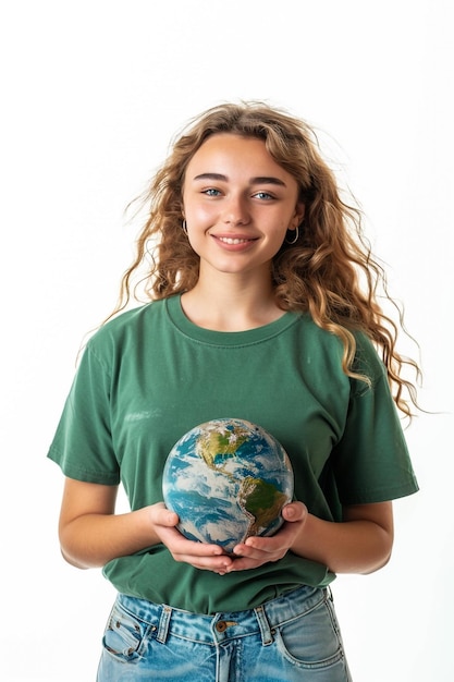 Foto uma menina segurando um globo com o mundo nele