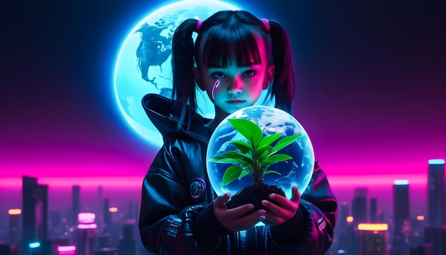 uma menina segurando um globo terrestre com uma planta verde em suas mãos dia da Terra cyberpunk futuro