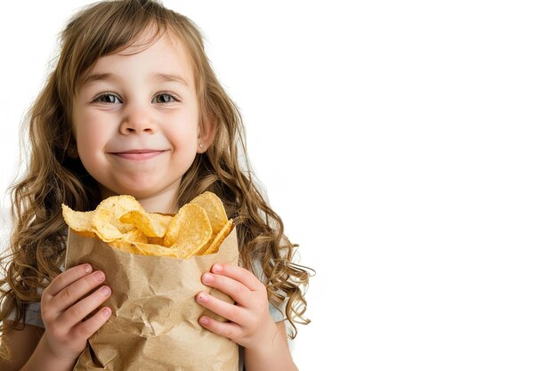 Uma menina segurando um pacote de batatas fritas contra um fundo branco um modelo de pacote de patatas fritas castanhas com espaço para texto IA geradora