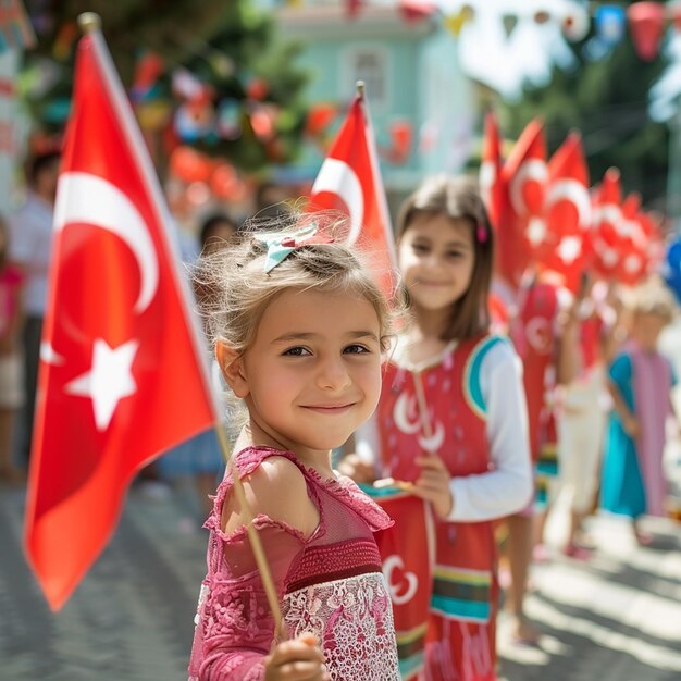 uma menina segurando uma bandeira em um desfile com uma bandeira no fundo