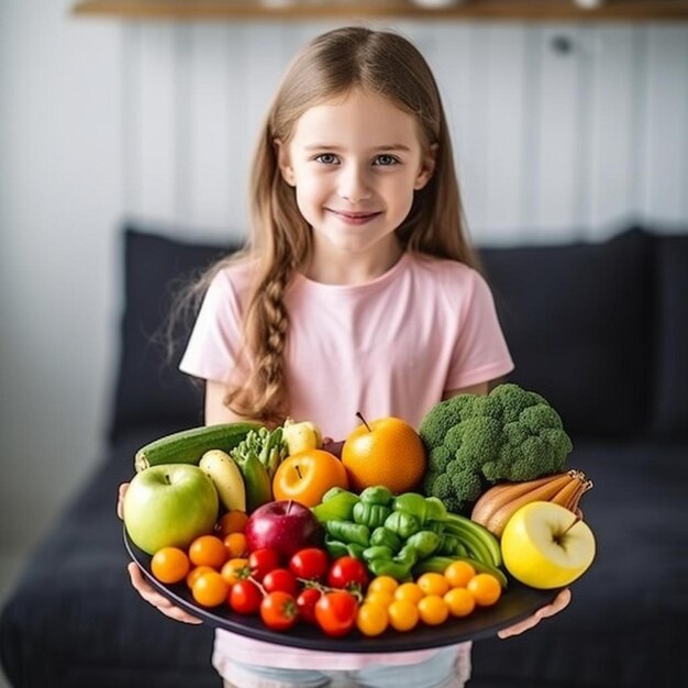 uma menina segurando uma bandeja de frutas e legumes