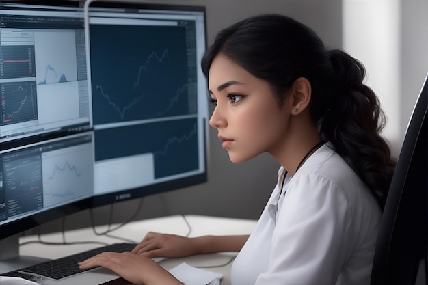 Uma menina senta-se em um computador com um gráfico mostrando na tela.