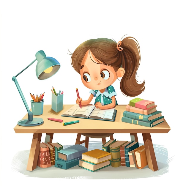 uma menina senta-se em uma mesa com livros e uma lâmpada