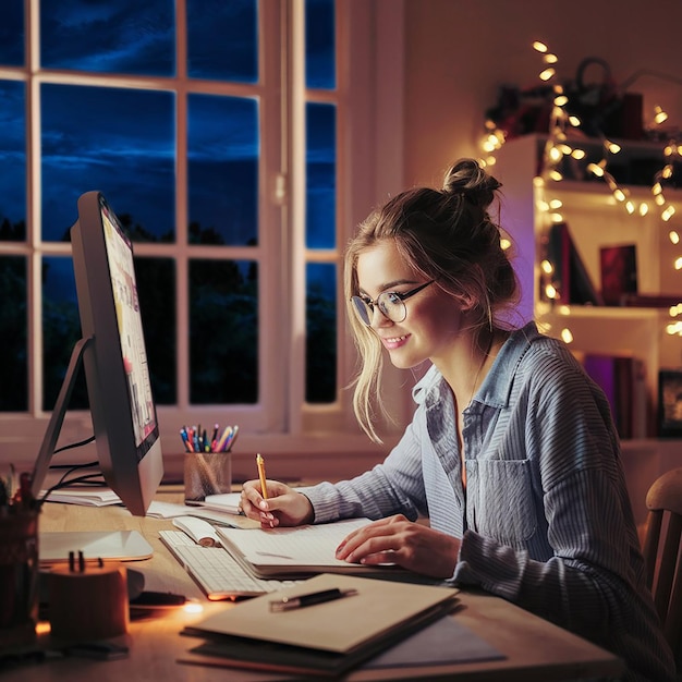 uma menina senta-se em uma mesa com um laptop e um desenho de uma árvore no fundo ai gerado