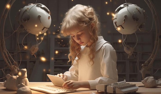 Foto uma menina senta-se em uma mesa e lê um livro.