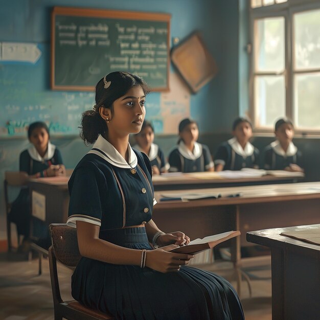 Foto uma menina senta-se em uma sala de aula com outros alunos ao fundo