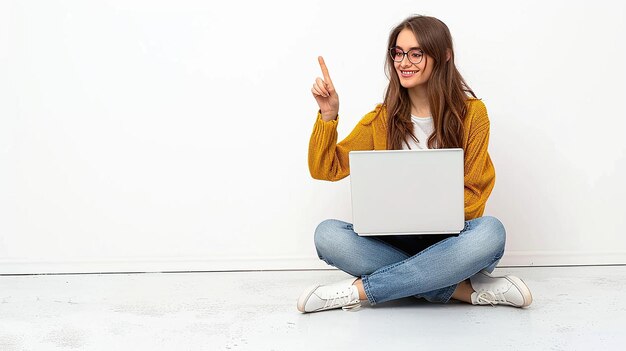 uma menina senta-se no chão e usa um laptop