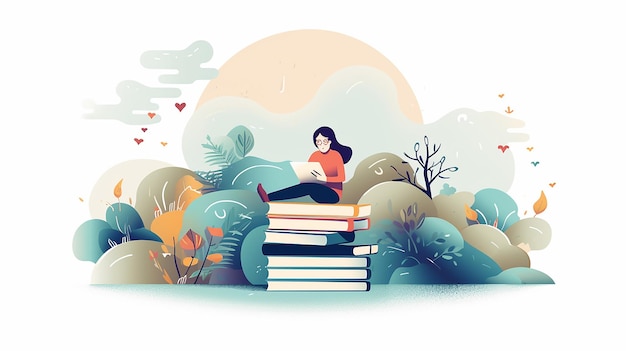 uma menina senta-se numa pilha de livros com uma menina a ler um livro.
