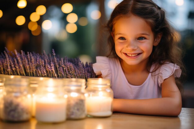 Uma menina sentada atrás de velas com fundo de estilo bokeh