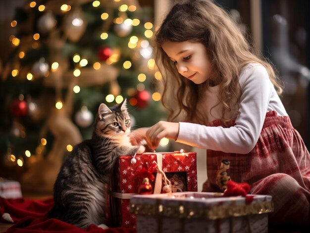 Uma menina sentada com seu gato debaixo da árvore de Natal decorando árvores de Natal e caixas de presentes