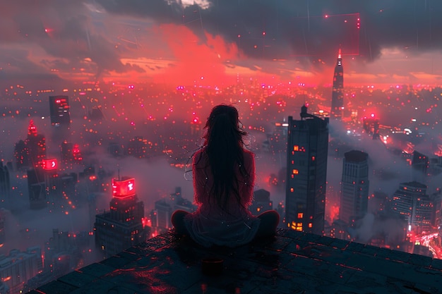 uma menina sentada em uma cidade em um telhado com um fundo cheio de fios no estilo de paisagens futuristas psicodélica neon design gráfico poster arte AI generativa