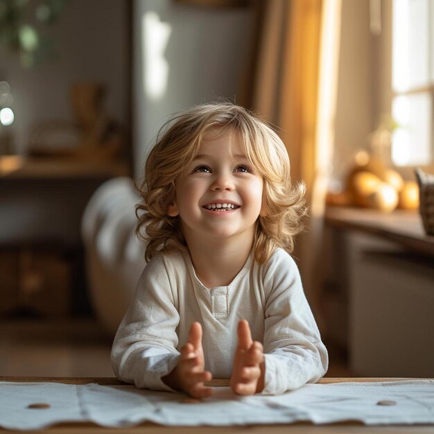 uma menina sentada em uma mesa com as mãos no ar