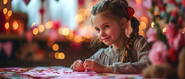 Foto uma menina sentada em uma mesa com um pedaço de papel