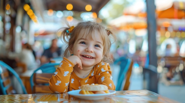 Foto uma menina sentada em uma mesa com um prato de comida adequado para alimentos e desenhos relacionados à família