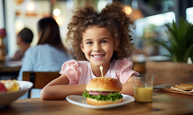 Foto uma menina sentada em uma mesa com um prato de comida