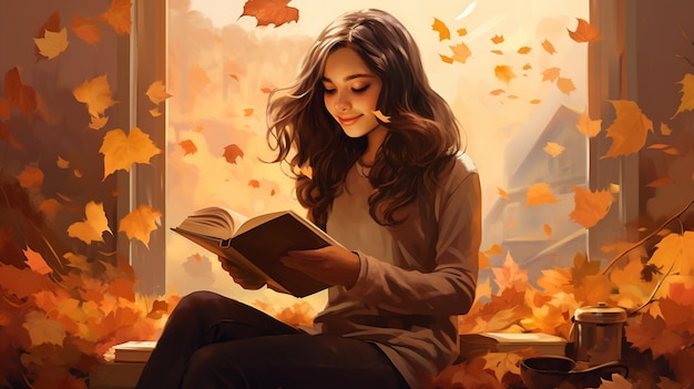 uma menina sentada no banco em um parque de outono lendo um livro