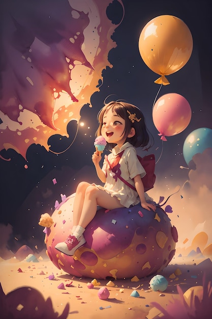 Uma menina sentada no sorvete de bolo gigante com balões ilustração de fundo da capa do livro
