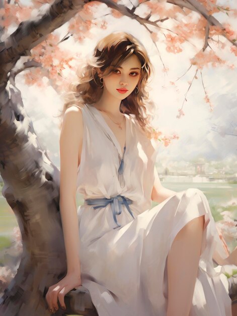 Uma menina sentada perto de uma cerejeira no estilo de tons suaves e sonhadores ele jiaying