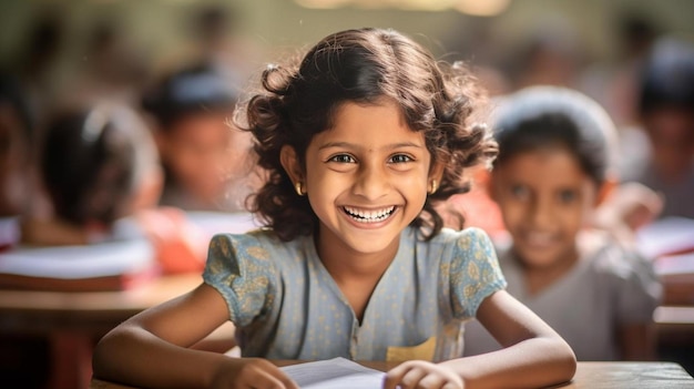 uma menina sorri na frente de uma escola com outras crianças ao fundo