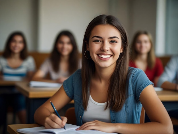 uma menina sorri para um grupo de meninas em uma sala de aula uma delas está sorrindo e as outras meninas estão sorrindo