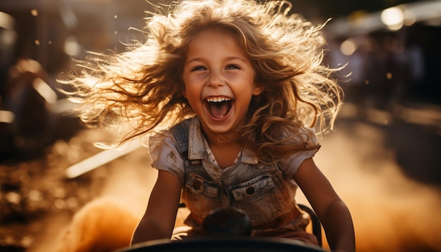 Foto uma menina sorridente desfruta de um verão despreocupado ao ar livre. a felicidade irradia gerada pela ia.