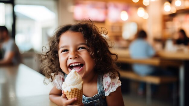 Uma menina sorridente e encaracolada, uma criança a rir e a comer gelado, uma infância feliz nas férias de verão num café.