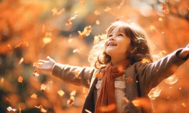 Uma menina sorridente em frente às folhas de outono