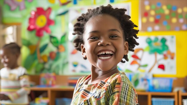 Foto uma menina sorridente numa sala de aula