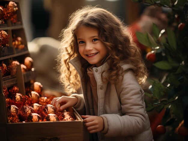 Uma menina sorridente vestindo um vestido de tema de inverno de Natal comprando alguns ornamentos para a árvore de Natal