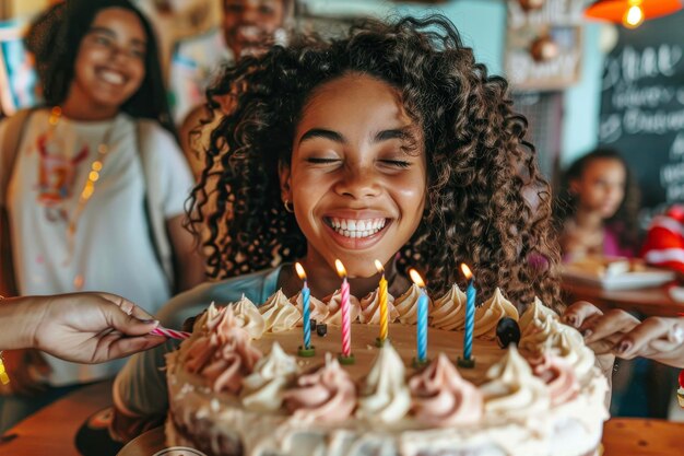 Foto uma menina sorrindo e soprando as velas no seu bolo de aniversário